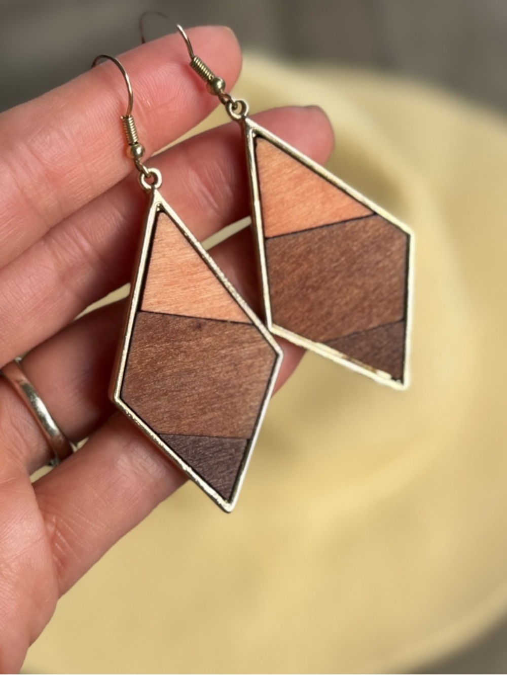 Geometric Wooden Inlay Drop Earrings - Brown/Tan